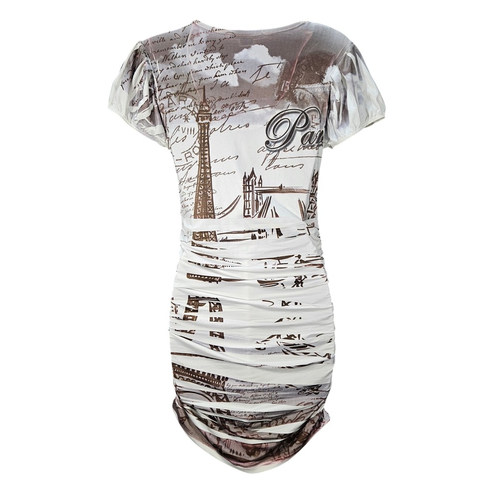 TwentyOne Vintage Y2K Cinched Paris Graphic‎ Mini Dress Grey White L - Picture 2 of 9